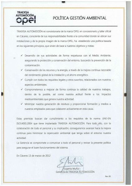 Politica Gestión Ambiental TRAEXSA AUTOMOCION Politica Gestión Ambiental TRAEXSA AUTOMOCION