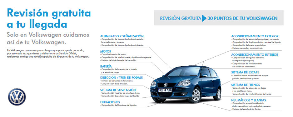 Revisión Gratuita a tu llegada. Solo en Volkswagen cuidamos así de tu coche. Revisión Gratuita a tu llegada. Solo en Volkswagen cuidamos así de tu coche.